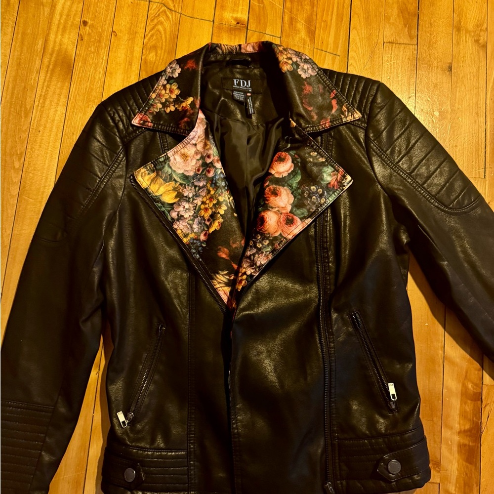 Black Leather Jacket with Floral Collar